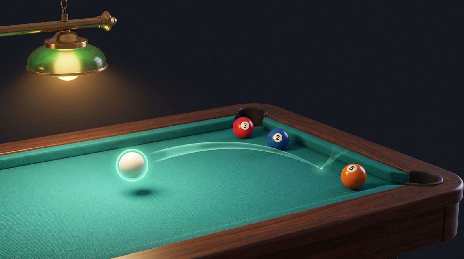 A cue ball hovering above teal-green cloth beside three numbered balls near a corner pocket, lit by a warm pool-hall lamp