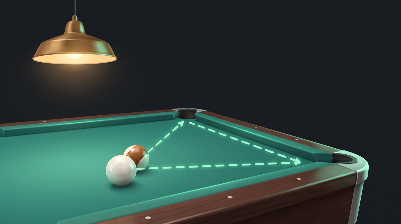 An object ball rebounding off a cushion toward a corner pocket on teal-green cloth, a glowing mint-green dashed line tracing the mirrored V of the bank angle under a warm pool-hall lamp
