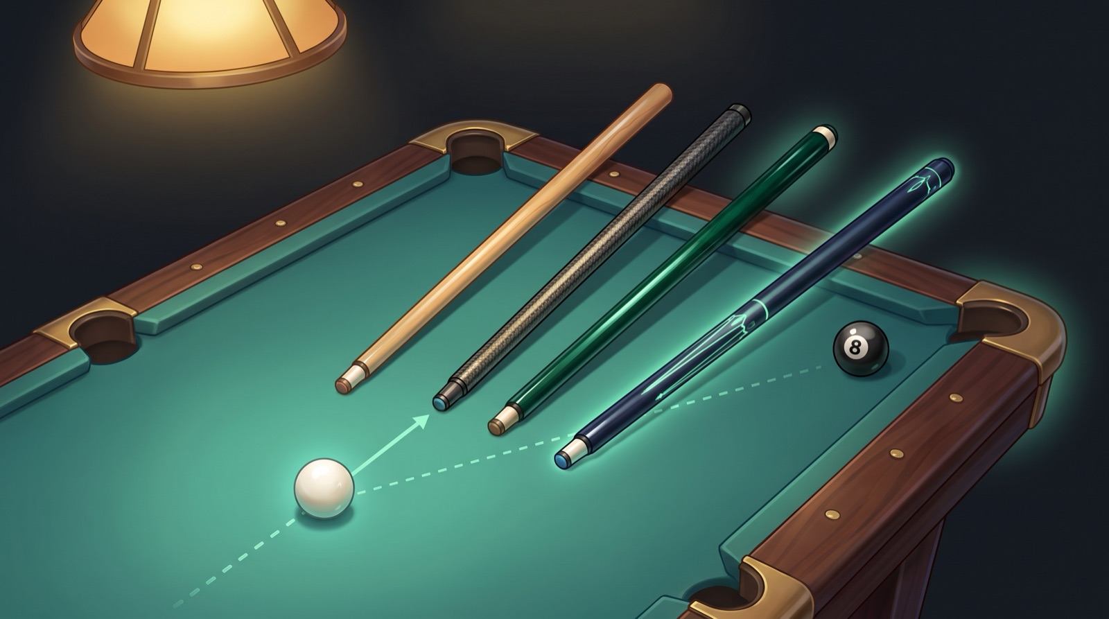 Four pool cues in maple, woven carbon, emerald lacquer, and midnight blue lying side by side on teal cloth, pointing at a cue ball with a mint-green dashed aim line running toward the black 8-ball, lit by a warm overhead pool-hall lamp