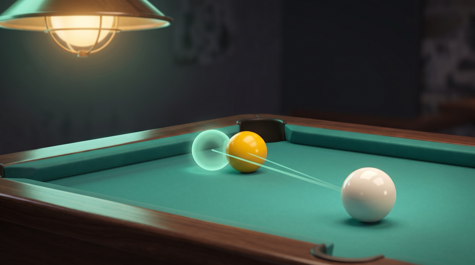 A white cue ball ringed by a glowing mint ghost-ball outline, with a dashed aim line running to a yellow object ball beside a corner pocket on teal-green cloth under a warm pool-hall lamp