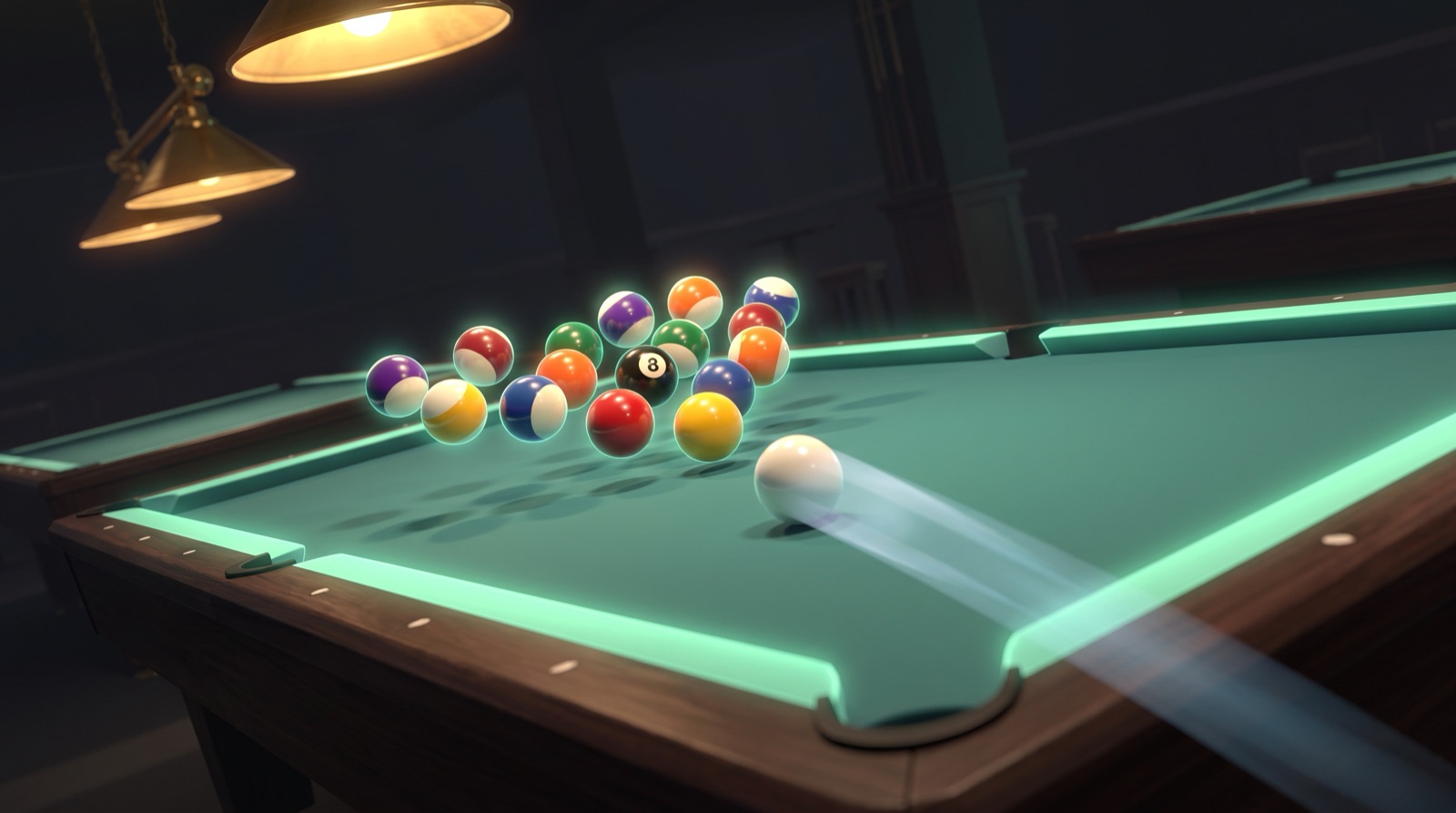 A racked triangle of pool balls exploding apart at the moment of the break on teal-green cloth, cue ball streaking in from the head string under a warm pool-hall lamp