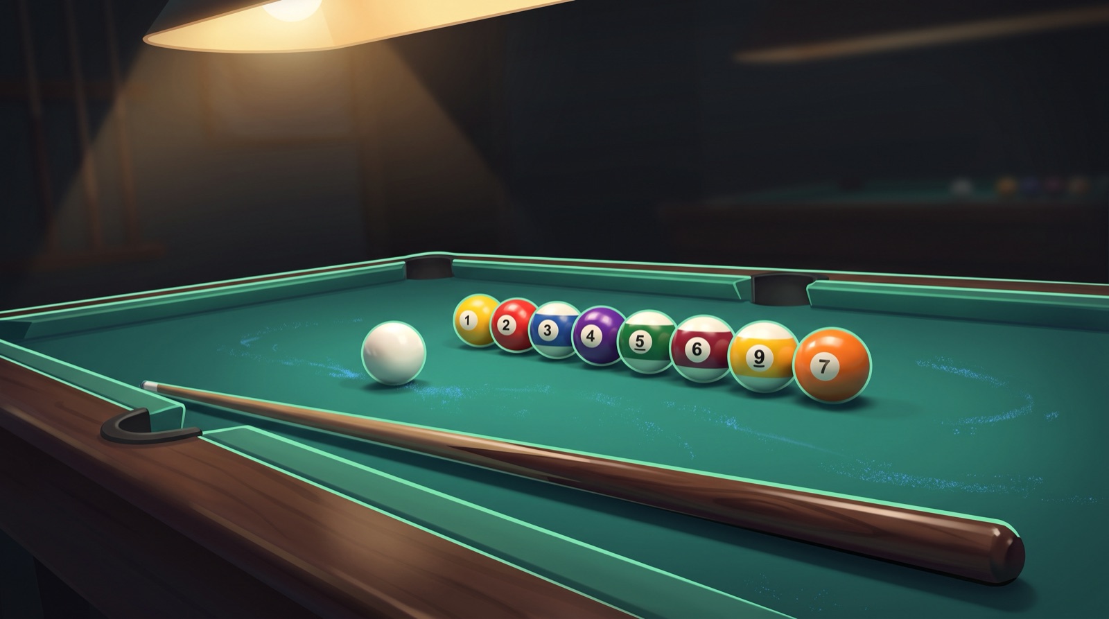 A white cue ball and a straight line of numbered object balls laid across teal-green cloth with chalked practice marks, a cue resting on the walnut rail under a warm overhead pool-hall lamp