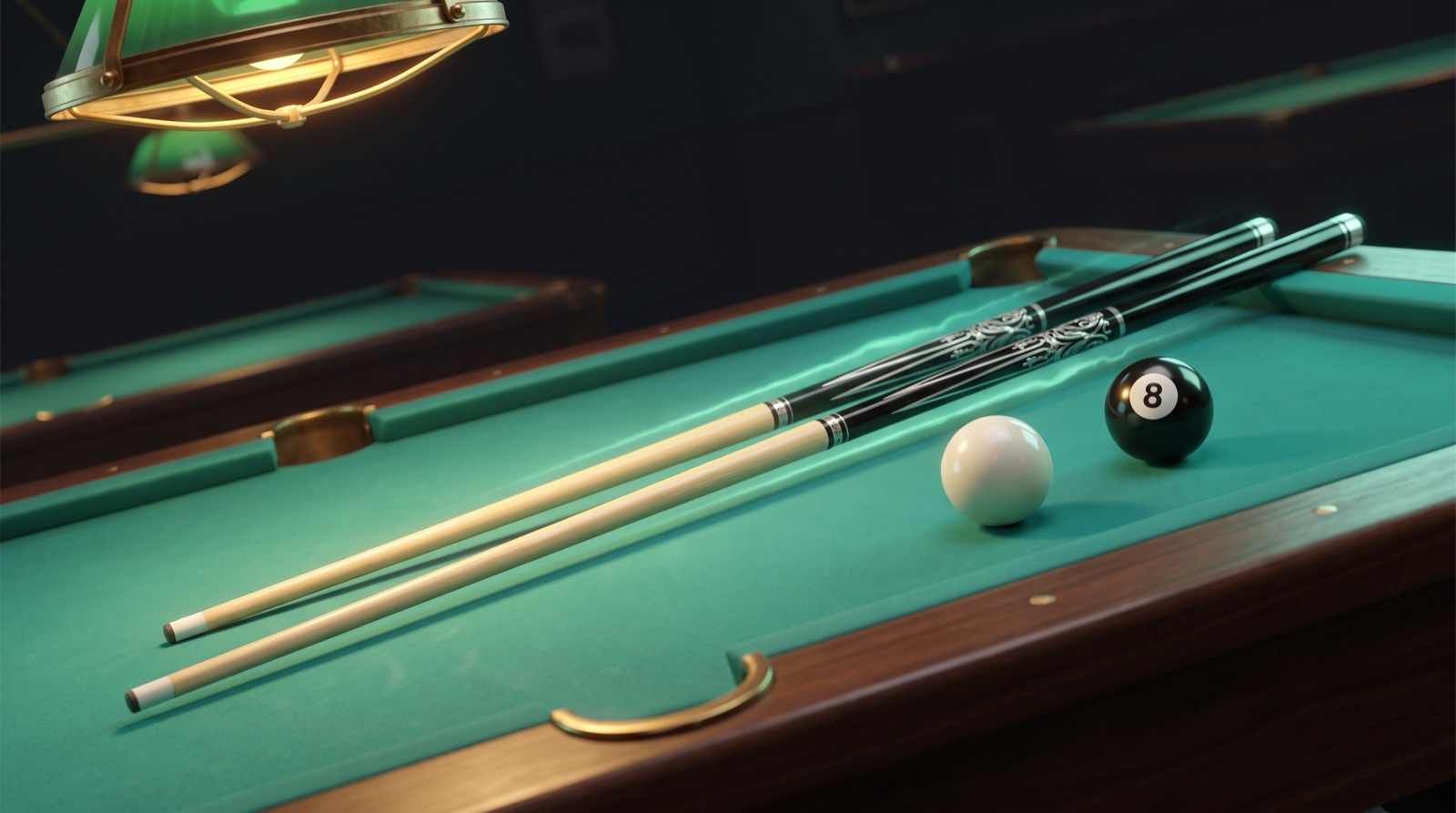 Two pool cues crossed on teal-green cloth under a warm overhead lamp — a plain pale maple house cue and an ornate glossy black cue with silver inlays and a faint mint-green glow — with a white cue ball and the black 8-ball resting beside them