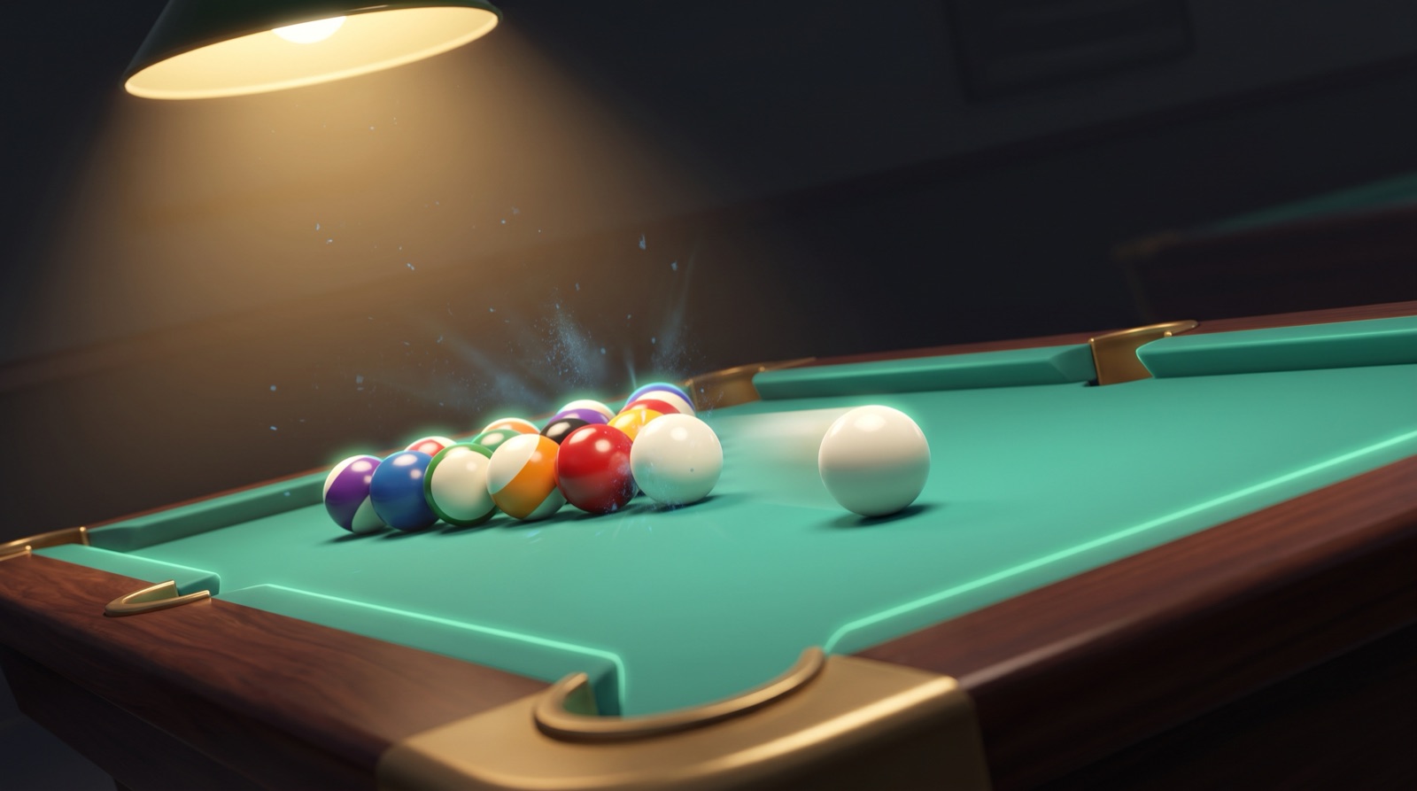 A cue ball and a cluster of numbered balls spread across teal-green cloth beside a corner pocket, lit by a warm overhead pool-hall lamp with chalk dust in the beam