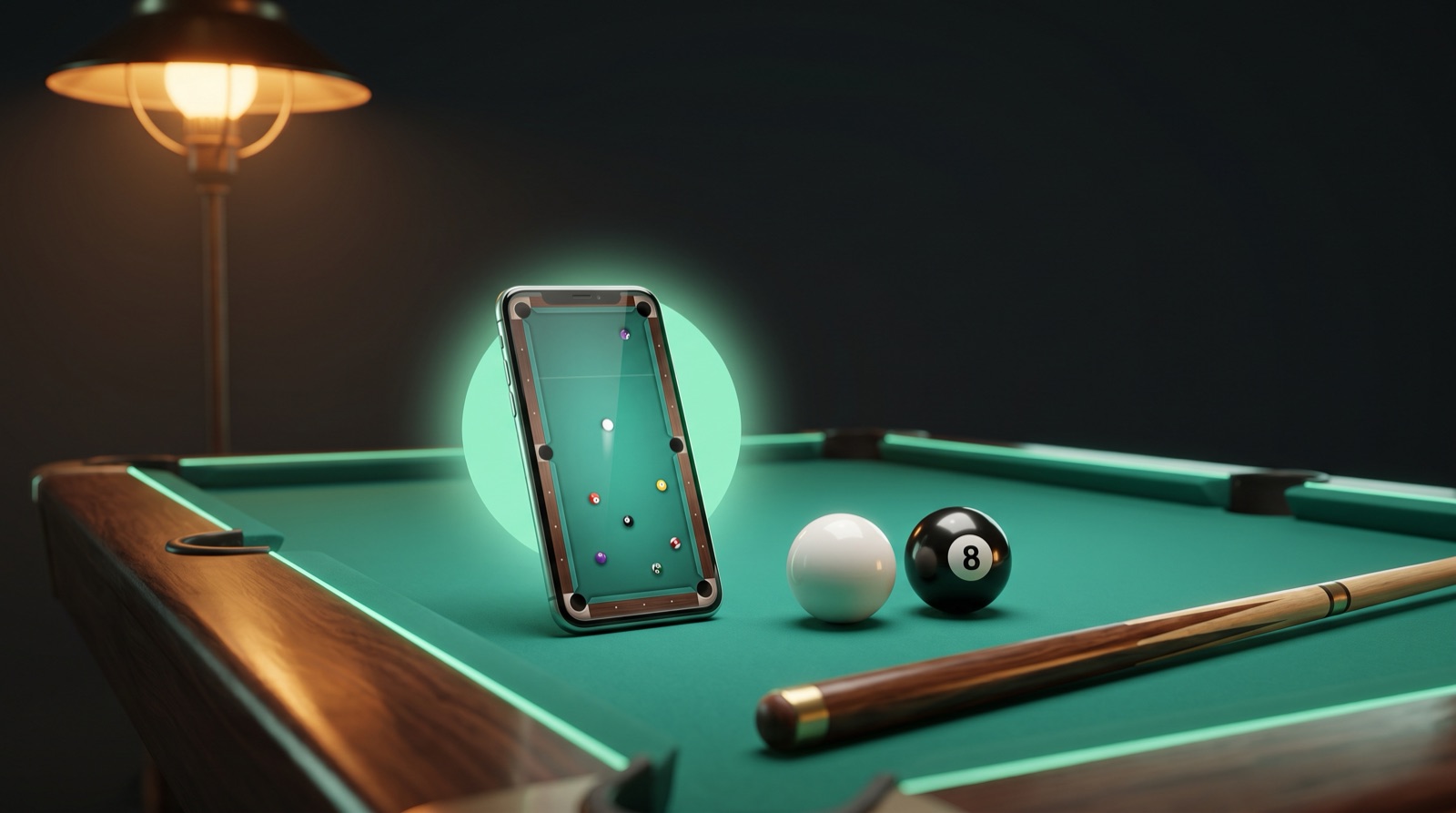 A smartphone propped upright on the teal-green cloth of a pool table, its screen showing a clean, uncluttered top-down pool table and ringed by a soft mint-green glow, with a cue ball, the black 8-ball, and a wooden cue beside it under a warm overhead pool-hall lamp