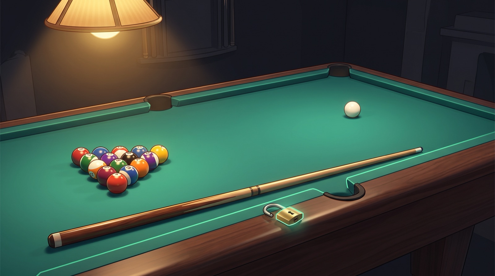 A pool table racked and ready under a warm brass lamp, with a wooden cue resting across the walnut rail and a small open brass padlock lying beside it, lit by a mint-green glow