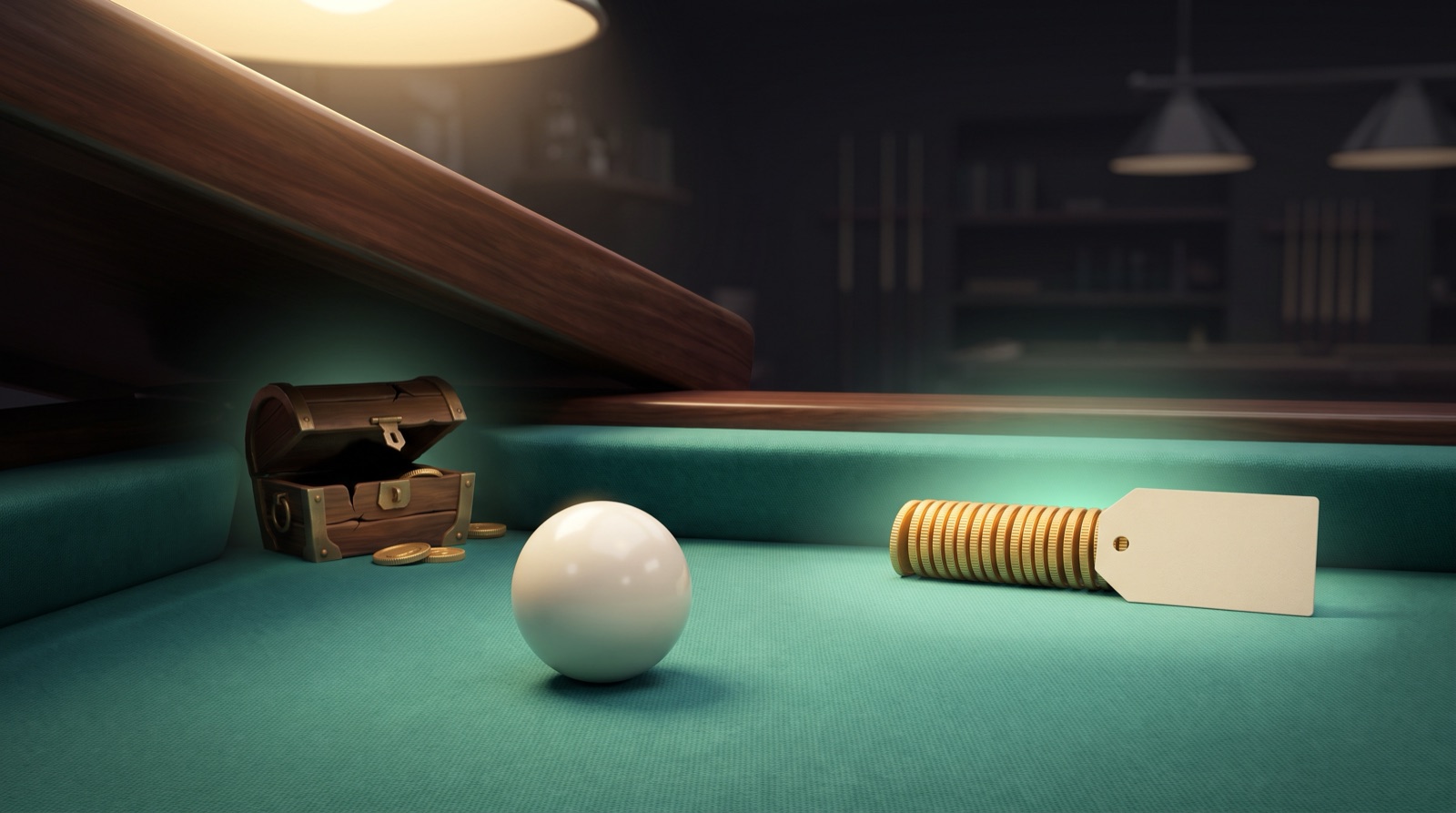 A cue ball on teal-green cloth under a warm pool-hall lamp, with neat stacks of gold coins and a blank price tag in plain view in front of an empty treasure chest pushed back into the shadows