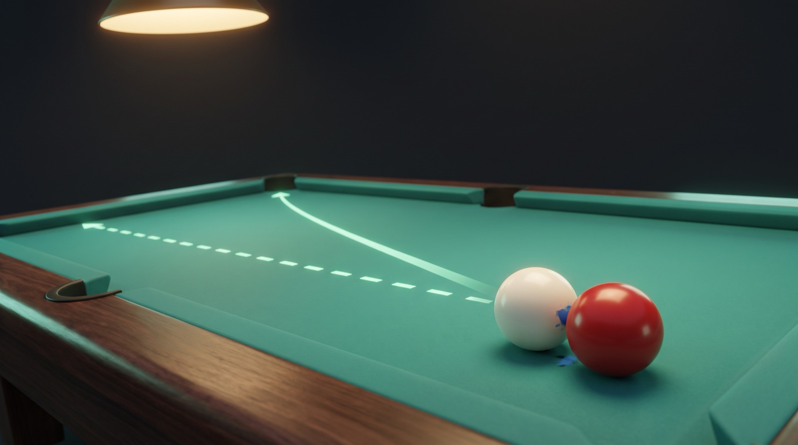 A white cue ball resting against a red object ball near the corner of a teal pool table, with a straight mint-green dashed aiming line and a glowing solid line curving slightly away from it to show the ball being thrown off line, lit by a warm overhead pool-hall lamp