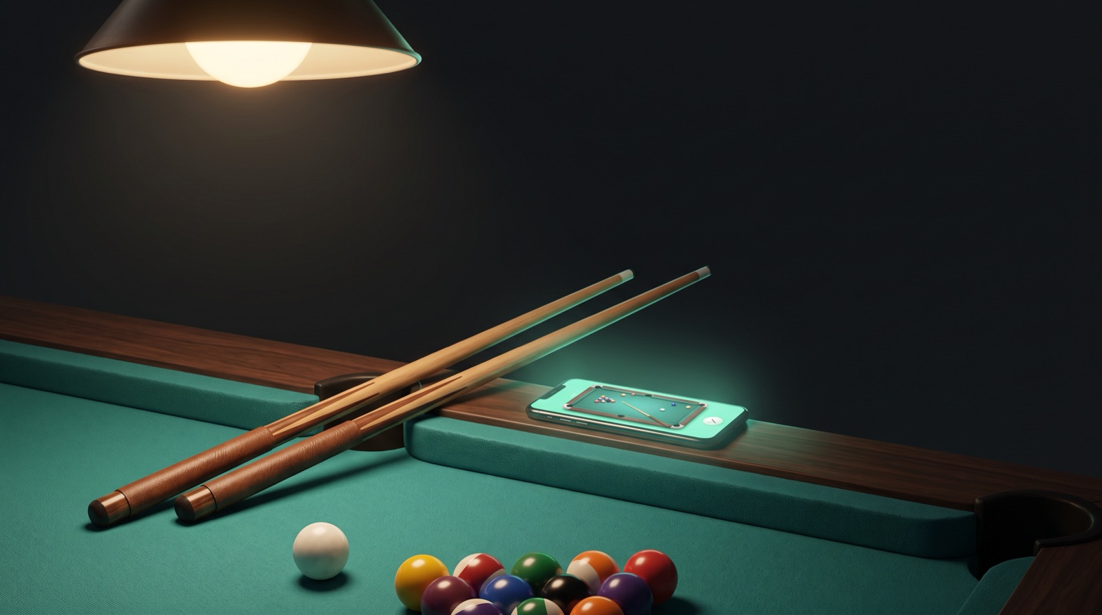 Two pool cues leaning against the walnut rail of a teal-green pool table beside a smartphone glowing with a miniature table on its screen, the cue ball and a loose rack of object balls on the cloth under a warm overhead lamp