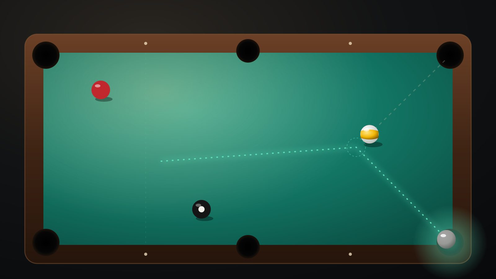 Top-down view of a teal-green pool table with walnut rails: a mint-green dotted line traces the cue ball striking a yellow striped ball toward one corner pocket, then deflecting at a right angle along the tangent line into the opposite corner pocket, where the cue ball sits in the jaws glowing mint green