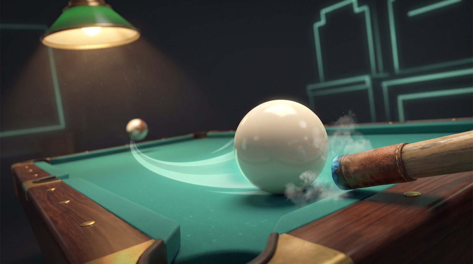 A cue tip striking a white cue ball below centre on teal-green cloth, chalk dust in the air and a curved motion trail showing the ball spinning backwards under a warm pool-hall lamp